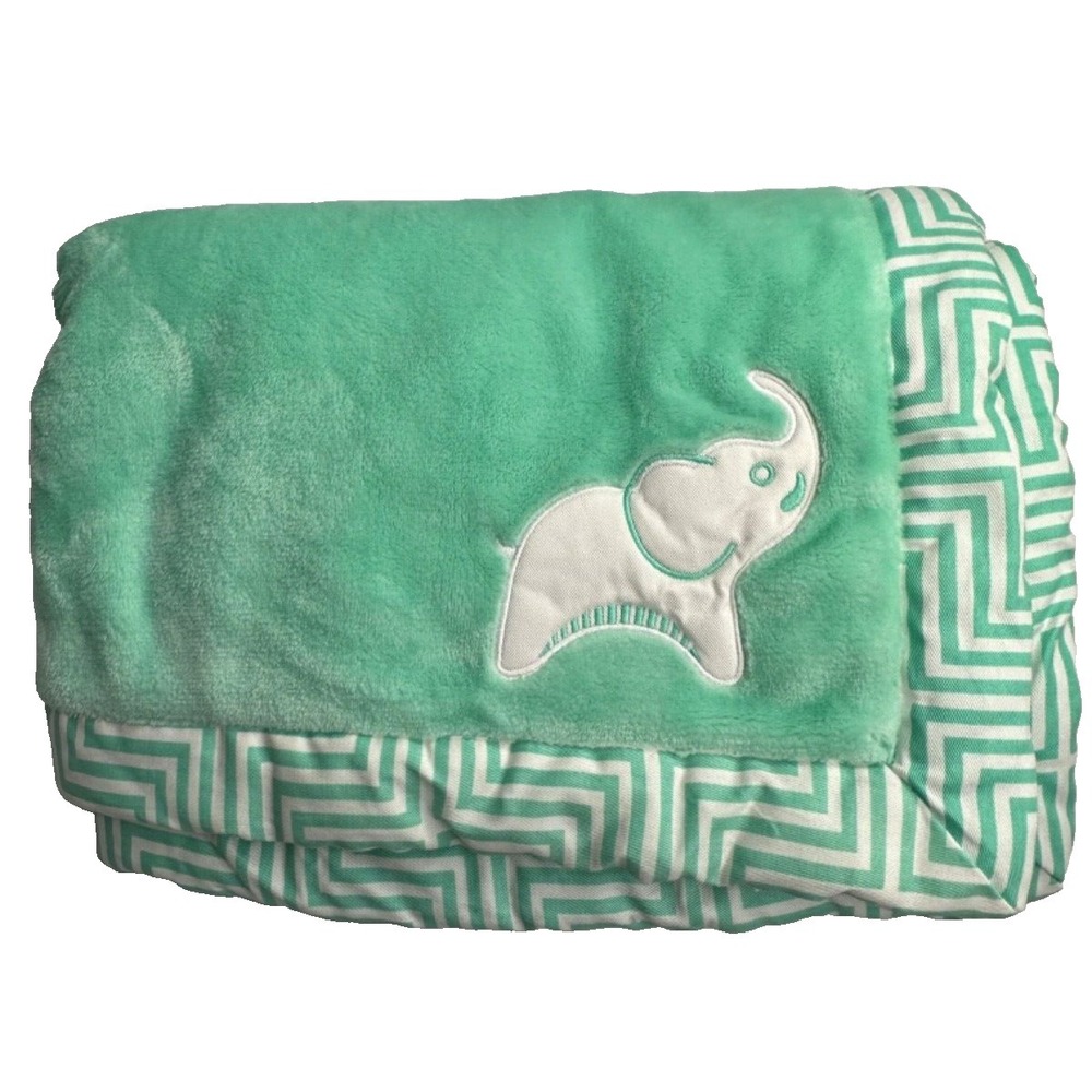 Fisher Price Baby Blanket Elephant Mint Green White Chevron Edge‎ 30x40 Soft